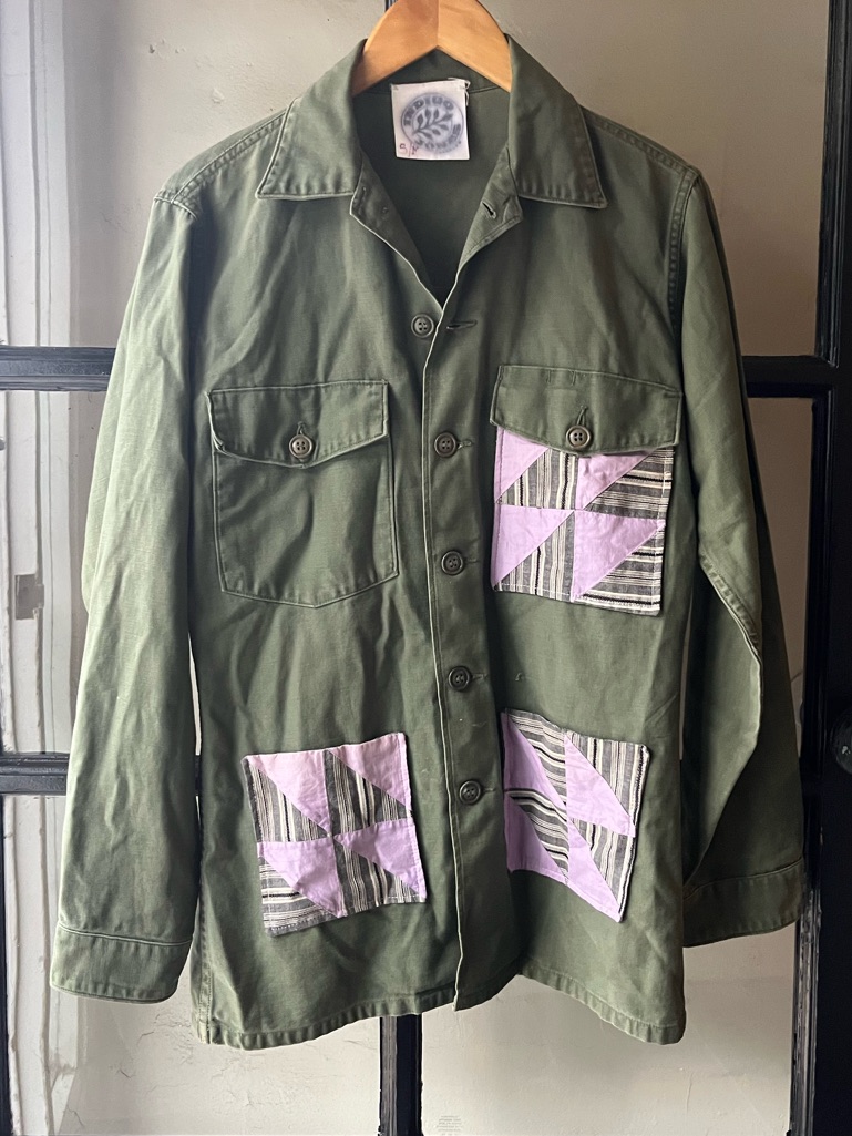 Rad Vintage Green Military Reworked Quilt Patch Button Up